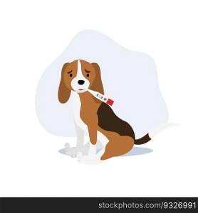 Ill dog concept. Dog with thermometer. Flat vector cartoon illustration