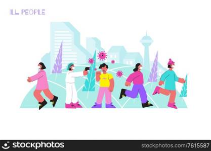 Ill people coronavirus flat composition with outdoor scenery and human characters running away from infected person vector illustration