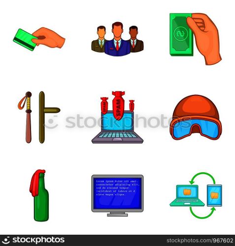 Illegal act icons set. Cartoon set of 9 illegal act vector icons for web isolated on white background. Illegal act icons set, cartoon style