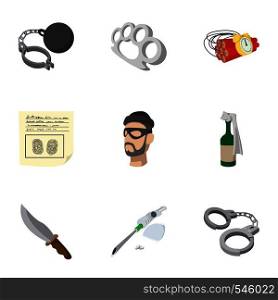 Illegal action icons set. Cartoon illustration of 9 illegal action vector icons for web. Illegal action icons set, cartoon style
