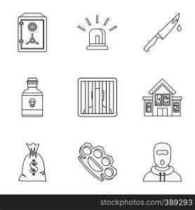 Illegal action icons set. Outline illustration of 9 illegal action vector icons for web. Illegal action icons set, outline style