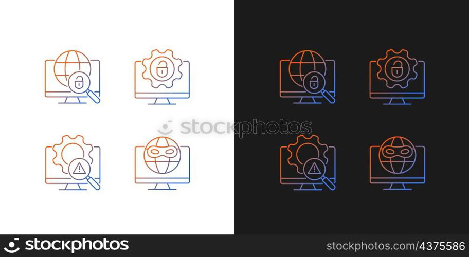 Illegal activities detection gradient icons set for dark and light mode. Malicious software. Thin line contour symbols bundle. Isolated vector outline illustrations collection on black and white. Illegal activities detection gradient icons set for dark and light mode