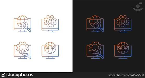 Illegal activities detection gradient icons set for dark and light mode. Malicious software. Thin line contour symbols bundle. Isolated vector outline illustrations collection on black and white. Illegal activities detection gradient icons set for dark and light mode