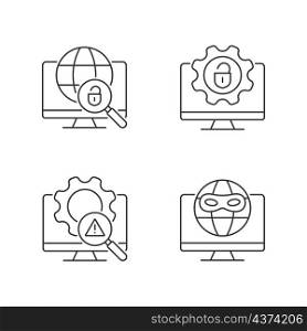 Illegal activities detection linear icons set. Jailbreak and darknet. Cyber security. Malicious software. Customizable thin line contour symbols. Isolated vector outline illustrations. Editable stroke. Illegal activities detection linear icons set