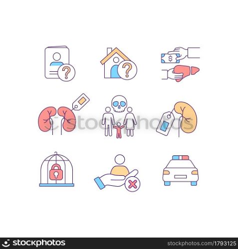 Illegal human trade related RGB color icons set. Person enslavery. Non consensual actions. Labour exploitation. Isolated vector illustrations. Simple filled line drawings collection. Illegal human trade related RGB color icons set