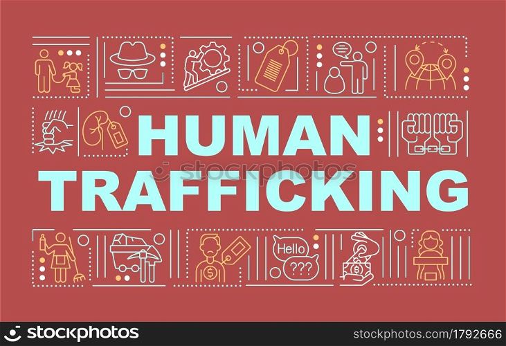 Illegal human trafficking and slavery word concepts banner. Infographics with linear icons on red background. Isolated creative typography. Vector outline color illustration with text. Illegal human trafficking and slavery word concepts banner