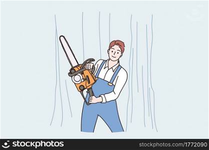 Illegal logging, sawmill concept. Lumberjack man cartoon character standing in forest woods with chainsaw axe or Lumberjack carrying chainsaw vector illustration . Illegal logging, sawmill concept.