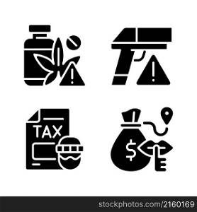 Illegal transportation black glyph icons set on white space. Drugs and armament trading. Smuggling and contraband. Tax evasion. Bulk cash. Silhouette symbols. Vector isolated illustration. Illegal transportation black glyph icons set on white space