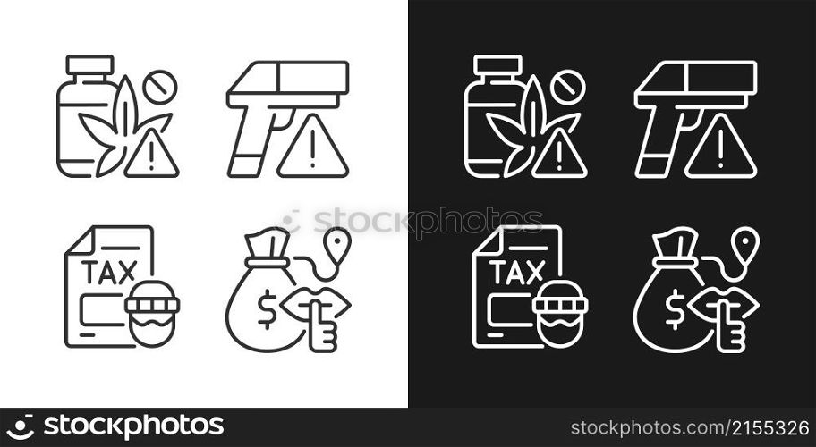 Illegal transportation linear icons set for dark and light mode. Drugs, armament trading. Customizable thin line symbols. Isolated vector outline illustrations. Editable stroke. Pixel perfect. Illegal transportation linear icons set for dark and light mode