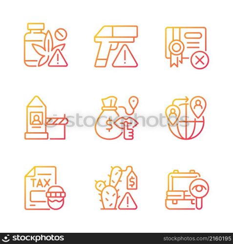 Illicit import and its prevention gradient linear vector icons set. Weapon trade. Fraudulent activity. Goods smuggling. Thin line contour symbols bundle. Isolated outline illustrations collection. Illicit import and its prevention gradient linear vector icons set