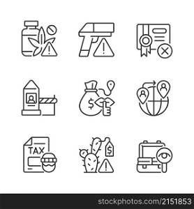 Illicit import and its prevention linear icons set. Weapon trade. Goods smuggling. Customizable thin line contour symbols. Isolated vector outline illustrations. Editable stroke. Pixel perfect. Illicit import and its prevention linear icons set