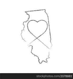 Illinois US state hand drawn pencil sketch outline map with heart shape. Continuous line drawing of patriotic home sign. A love for a small homeland. T-shirt print idea. Vector illustration.. Illinois US state hand drawn pencil sketch outline map with the handwritten heart shape. Vector illustration