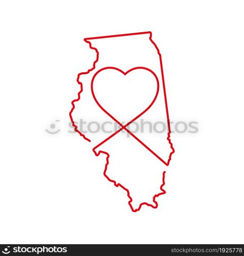 Illinois US state red outline map with the handwritten heart shape. Continuous line drawing of patriotic home sign. A love for a small homeland. T-shirt print idea. Vector illustration.. Illinois US state red outline map with the handwritten heart shape. Vector illustration