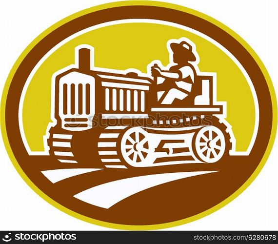 Illlustration of a farmer worker drive driving a vintage tractor plowing farm field set inside oval shape done in retro woodcut style on isolated background.. Farmer Drive Vintage Tractor Oval Retro