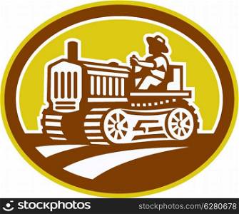 Illlustration of a farmer worker drive driving a vintage tractor plowing farm field set inside oval shape done in retro woodcut style on isolated background.. Farmer Drive Vintage Tractor Oval Retro