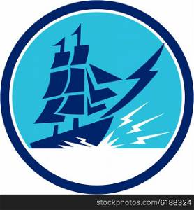 Illlustration of a tall sailing galleon ship with lightning bolt on bow viewed from the side set inside circle done in retro style. . Tall Sailing Ship Lightning Bolt Circle