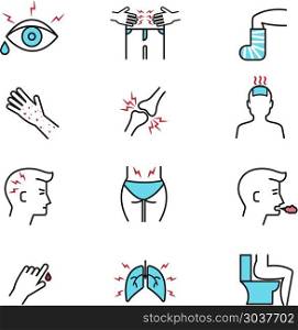 Illness and diseases symptoms vector outline icons with flat elements. Illness and diseases symptoms vector outline icons with flat elements. Diagnosis symptom and unhealthy sickness influenza, symptom of diseases illustration