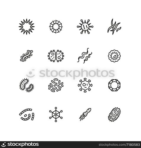 Illness bacilli, microbes, viruses and microorganisms line icons. Bacteriology hygiene and infection outline vector isolated symbols. Illustration of microbe and virus, microorganism bacteria. Illness bacilli, microbes, viruses and microorganisms line icons. Bacteriology hygiene and infection outline vector isolated symbols