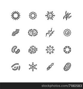 Illness bacilli, microbes, viruses and microorganisms line icons. Bacteriology hygiene and infection outline vector isolated symbols. Illustration of microbe and virus, microorganism bacteria. Illness bacilli, microbes, viruses and microorganisms line icons. Bacteriology hygiene and infection outline vector isolated symbols