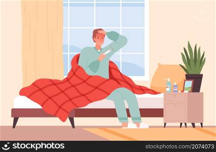 Illness character in bed. Flu viruses medical cartoon background person warm sitting in bed nowaday vector. Illustration character patient with cold fever symptom. Illness character in bed. Flu viruses medical cartoon background person warm sitting in bed nowaday vector