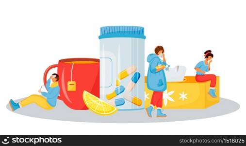 Illness treatment flat color vector faceless characters. Pharmaceutical aid for man with flu. Vitamins for woman sick with cold. Unwell patients. Symptoms of disease isolated cartoon illustration. Illness treatment flat concept vector illustration. Pharmaceutical aid for man with flu. Vitamins for cold. Unwell patients 2D cartoon characters for web design. Symptoms of disease creative idea