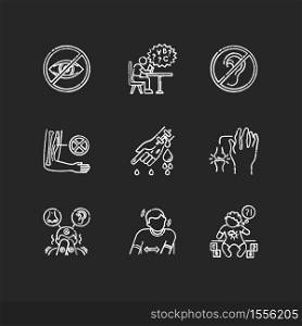 Illness types chalk white icons set on black background. Deafness and blindness. Muscular dystrophy. Bleeding from hemophilia. Sensory hypersensitivity. Isolated vector chalkboard illustrations. Illness types chalk white icons set on black background