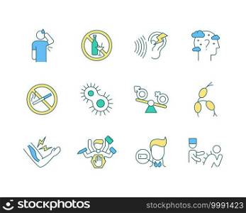Illnesses and health conditions RGB color icons set. Work-related stress. Thyroid problems. Cognitive impairment. Musculoskeletal pain. Voice disorders. Full-body exam. Isolated vector illustrations. Illnesses and health conditions RGB color icons set
