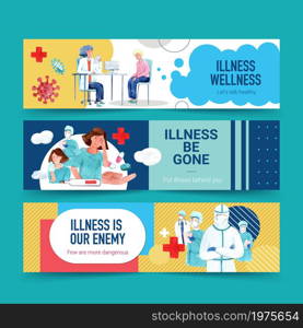 Illnesses banner design concept with people and doctor characters with infographic symptomatic watercolor vector illustration