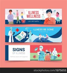 Illnesses banner design concept with people and doctor characters with infographic symptomatic watercolor vector illustration