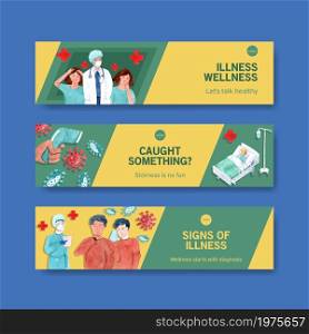 Illnesses banner design concept with people and doctor characters with infographic symptomatic watercolor vector illustration