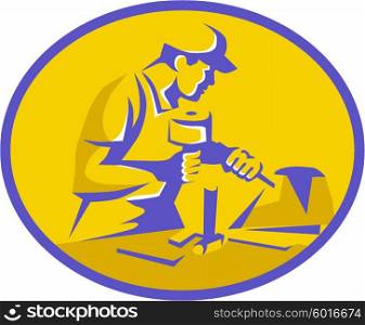 Illujstration of a stonemason with mallet and chisel carving marble stone viewed from the side set inside oval shape done in retro style. . Stonemason Working Marble Oval Retro