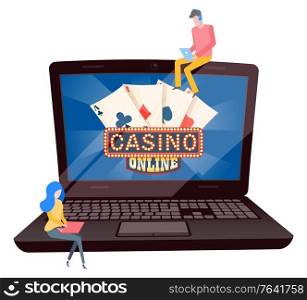 Illuminated asino online sign and playing cards on laptop screen. Man and woman working with computer. Game of chance, betting and gambling vector. Casino Online Sign on Laptop Screen Vector Image