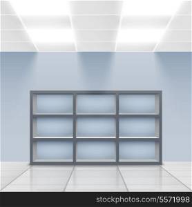 Illuminated department store display empty shelves vector illustration