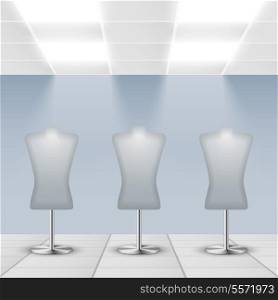 Illuminated department store shop display dress dummies stands vector illustration