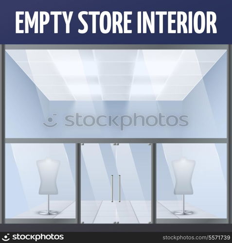 Illuminated empty department store building interior with dress forms vector illustration.