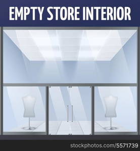 Illuminated empty department store building interior with dress forms vector illustration.