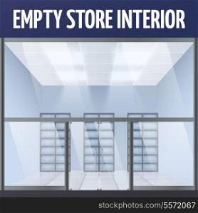 Illuminated empty department store building interior with shelves vector illustration