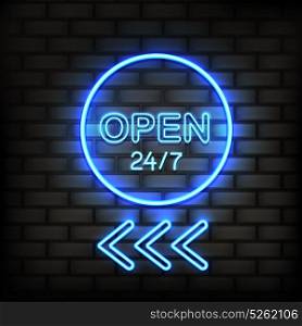 Illuminated Motel Button Composition. Motel neon showing sign 24h composition with flat luminous sign on brickwall with text letters and arrows vector illustration