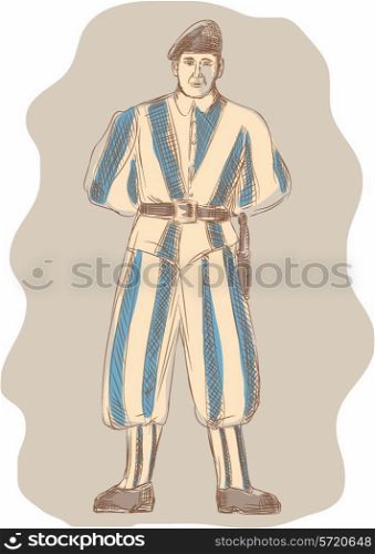Illusatration of a Swiss guard standing attention facing front done in sketch style.. Swiss Guard Standing Sketch