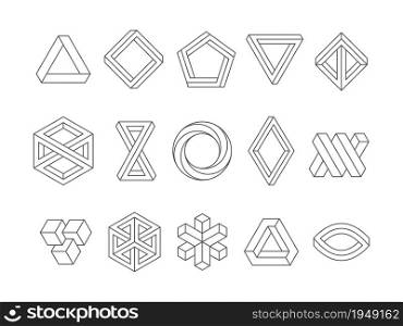 Illusion shapes. 3d geometrical infinity loop triangles hexagon impossible perspective vector abstract logo templates. Illustration 3d trendy visual shape, geometric perspective unusual. Illusion shapes. 3d geometrical infinity loop triangles hexagon impossible perspective vector abstract logo templates