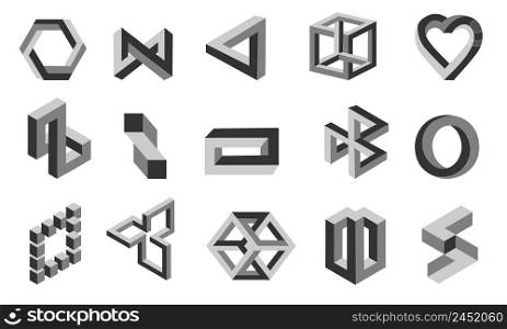 Illusion shapes. Impossible figures and optical delusion design collection. Distorted visual perception. Amazing graphic tricks. Isolated unreal surreal symbols. Vector looped geometric forms set. Illusion shapes. Impossible figures and optical delusion collection. Distorted visual perception. Amazing graphic tricks. Isolated unreal symbols. Vector looped geometric forms set