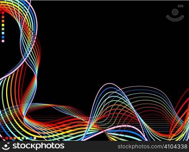 Illustrated abstract black background with wavy lines in the colours of the rainbow