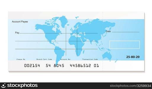 illustrated bank cheque with world map and sample template