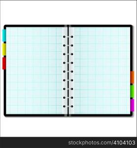 Illustrated graph paper in a note book with colored tabs