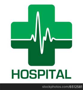 Illustrated hospital icon in green with heart beat. Hospital icon