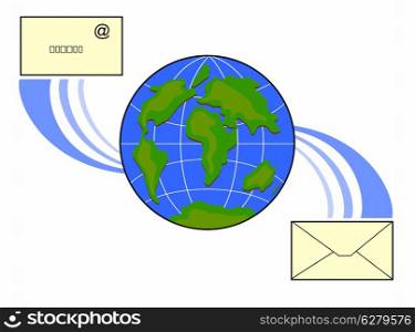 Illustrated icon of mail coming in and out of a globe isolated on a white background and done in retro style.. Icon Email Globe