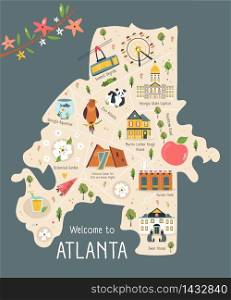 Illustrated map of Atlanta with traditional buildings and symbols. Bright design for tourist posters, banners, leaflets, prints. Illustrated map of Atlanta with famous symbols
