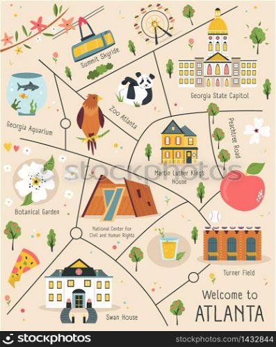 Illustrated map of Atlanta with traditional buildings and symbols. Bright design for tourist posters, banners, leaflets, prints. Illustrated map of Atlanta with famous symbols