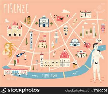 Illustrated map of Florence with famous symbols, landmarks, buildings. Vector design for tourist books, posters, placards, leaflets, books, souvenirs.. Illustrated map of Florence with famous symbols, landmarks, buildings