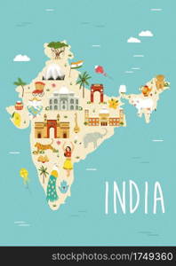 Illustrated map of India with famous landmarks, symbols and animals. Vector design for tour guides, leaflets, books, souvenirs, travel posters.. Illustrated map of India with famous landmarks, symbols and animals.